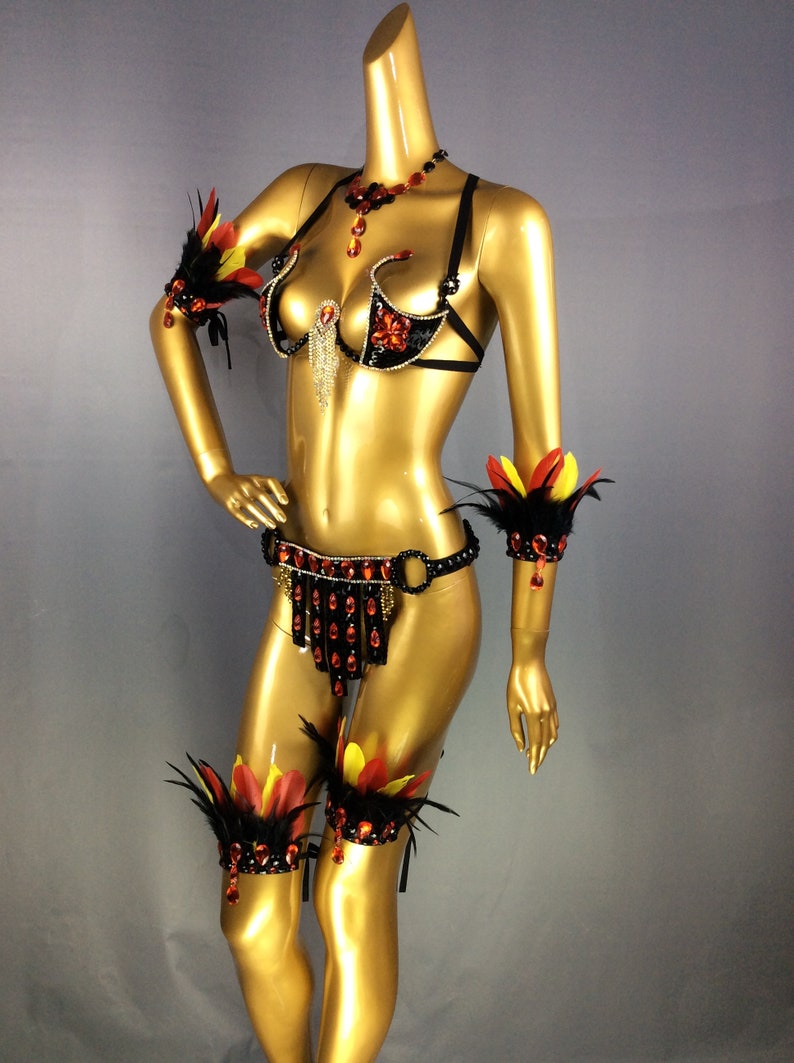 Carnival Dance Costume, Women's Black & Orange Feathered Sequin Rhinestone Bikini Set with Armbands and Thigh Bands, Samba/Latin Dancewear