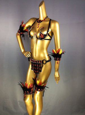 Carnival Dance Costume, Women's Black & Orange Feathered Sequin Rhinestone Bikini Set with Armbands and Thigh Bands, Samba/Latin Dancewear