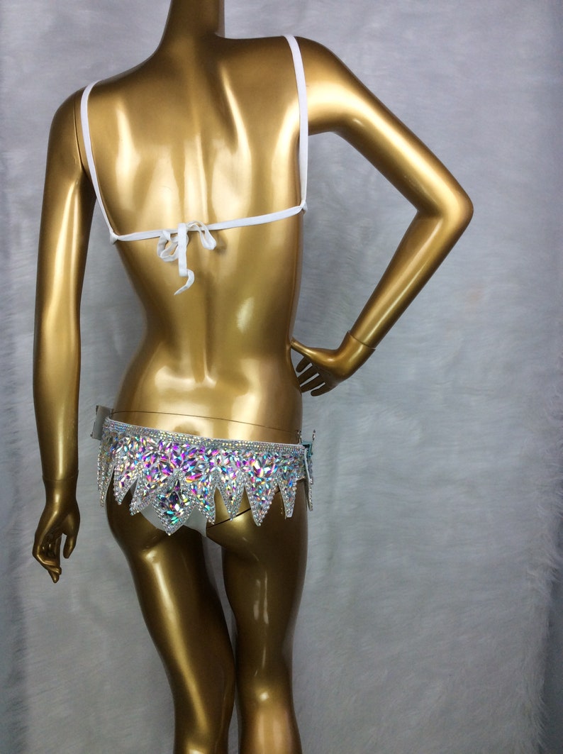 Dancewear Women's White Iridescent Crystal Rhinestone Bra and Skirt Set, Burlesque Dance
