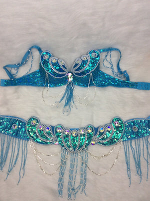 Belly Dance Costume, Women's Blue Sequin & Bead Embellished Mermaid Shell Bra and Hip Scarf Set, Tribal Fusion Dancewear