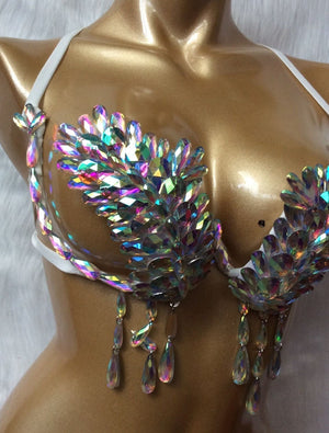 Dancewear Women's White Iridescent Crystal Rhinestone Bra and Skirt Set, Burlesque Dance
