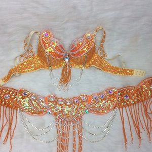 Belly Dance Costume Women Blue Green Sequin Beaded Bra and Hip Scarf Set with Draped Chains and Rhinestone Accents