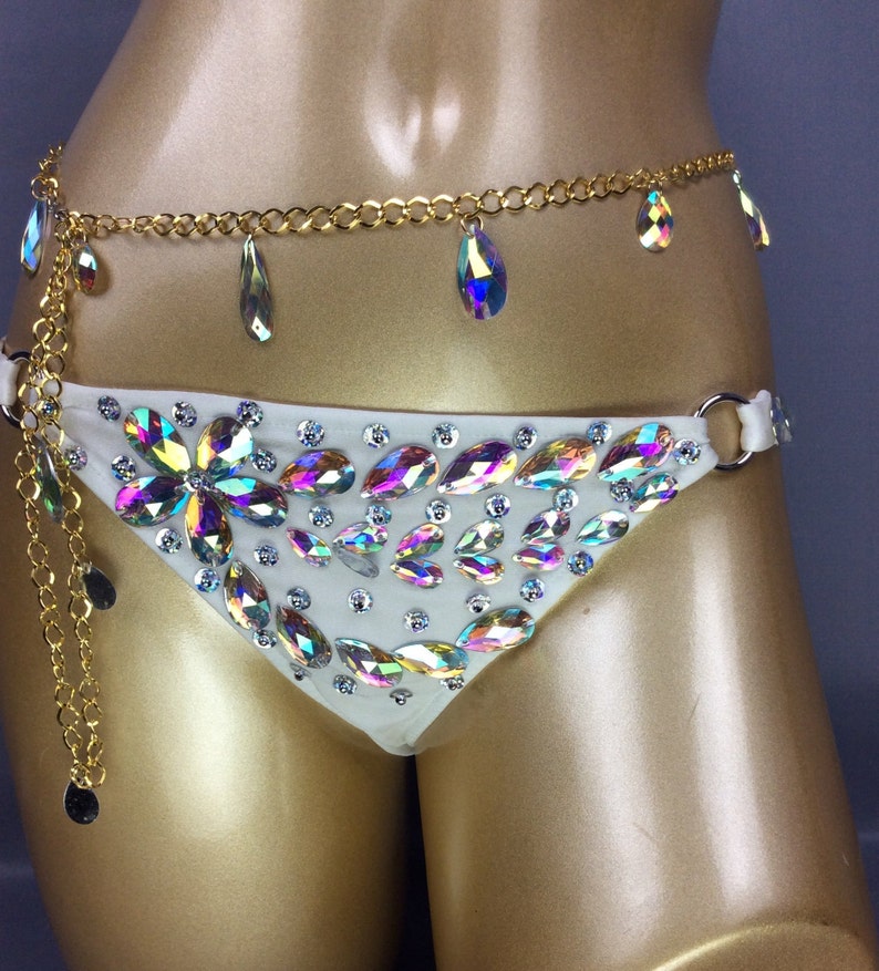 Rhinestone Bra and Panty Set, Women's White & Gold Crystal Embellished Halter Top & Bikini Bottom with Chain, Latin Dancewear