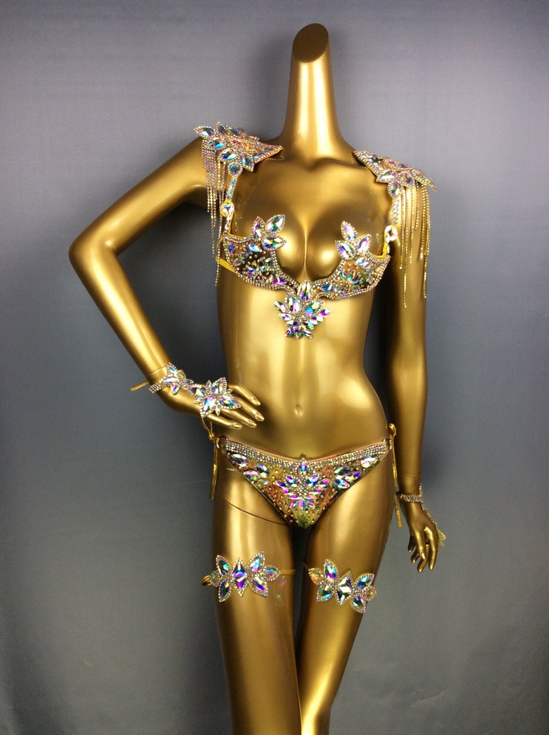 Rhinestone Crystal Bra Set, Women's Iridescent Embellished Gold Sequin Bikini, Samba Latin Dance Costume