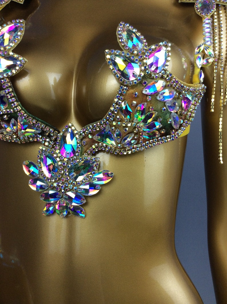 Rhinestone Crystal Bra Set, Women's Iridescent Embellished Gold Sequin Bikini, Samba Latin Dance Costume