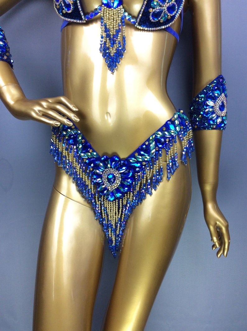 Belly Dance Costume Women's Blue & Gold Beaded Crystal Rhinestone Bra & Belt Set with Armbands