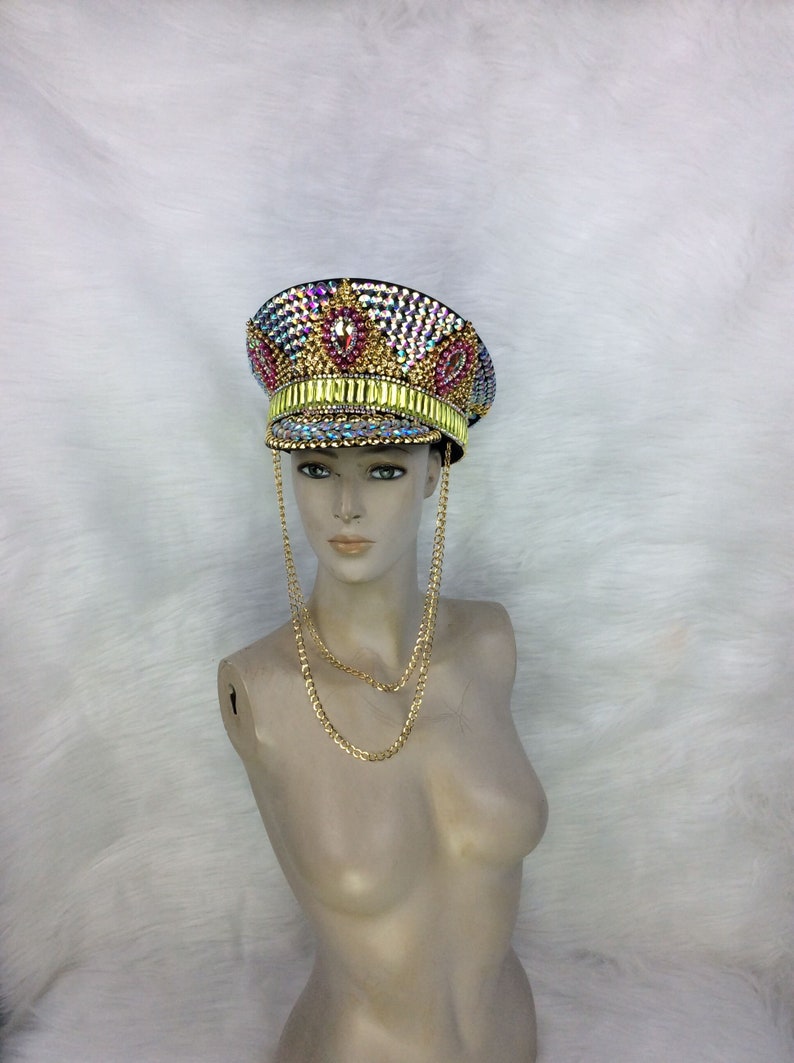 Unisex Iridescent Rhinestone Gold Pink Green Embellished Chain Detail Visor Hat, Rave Festival Dance Cap