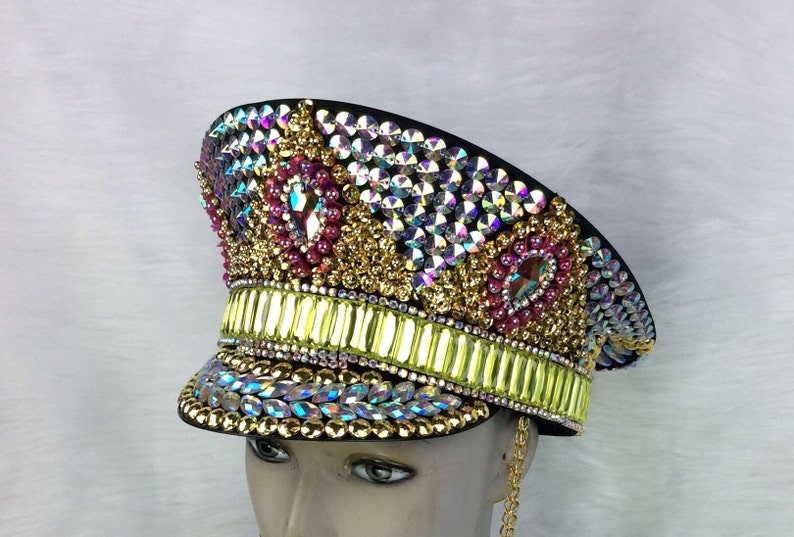 Unisex Iridescent Rhinestone Gold Pink Green Embellished Chain Detail Visor Hat, Rave Festival Dance Cap