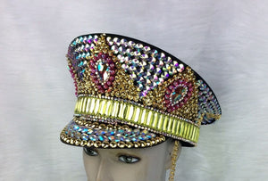 Unisex Iridescent Rhinestone Gold Pink Green Embellished Chain Detail Visor Hat, Rave Festival Dance Cap