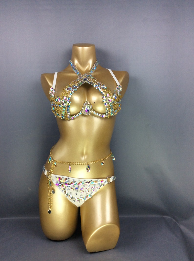 Rhinestone Bra and Panty Set, Women's White & Gold Crystal Embellished Halter Top & Bikini Bottom with Chain, Latin Dancewear