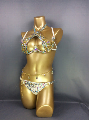Rhinestone Bra and Panty Set, Women's White & Gold Crystal Embellished Halter Top & Bikini Bottom with Chain, Latin Dancewear