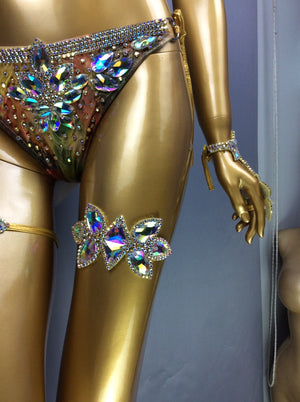 Rhinestone Crystal Bra Set, Women's Iridescent Embellished Gold Sequin Bikini, Samba Latin Dance Costume