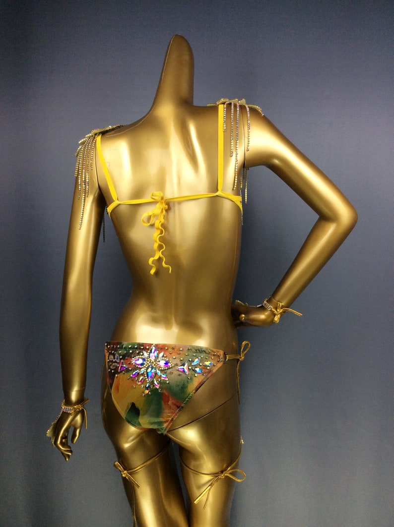 Rhinestone Crystal Bra Set, Women's Iridescent Embellished Gold Sequin Bikini, Samba Latin Dance Costume