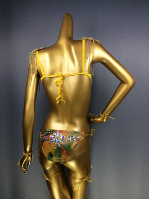 Rhinestone Crystal Bra Set, Women's Iridescent Embellished Gold Sequin Bikini, Samba Latin Dance Costume