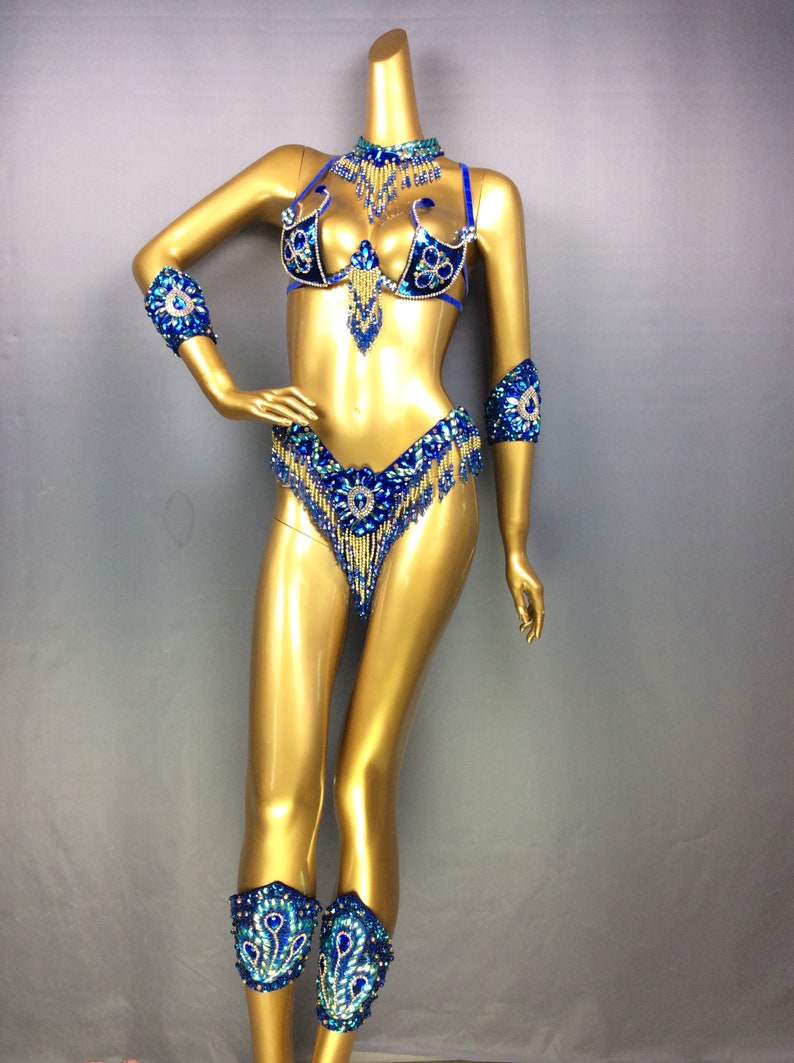 Belly Dance Costume Women's Blue & Gold Beaded Crystal Rhinestone Bra & Belt Set with Armbands
