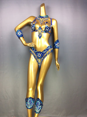 Belly Dance Costume Women's Blue & Gold Beaded Crystal Rhinestone Bra & Belt Set with Armbands