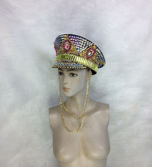 Unisex Iridescent Rhinestone Gold Pink Green Embellished Chain Detail Visor Hat, Rave Festival Dance Cap