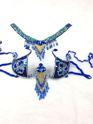 Belly Dance Bra Top and Necklace Set, Women's Royal Blue Sequin & Bead Embellished Fringe Costume, Oriental Dance Performance Wear