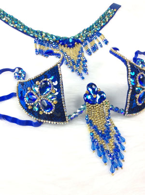 Belly Dance Bra Top and Necklace Set, Women's Royal Blue Sequin & Bead Embellished Fringe Costume, Oriental Dance Performance Wear