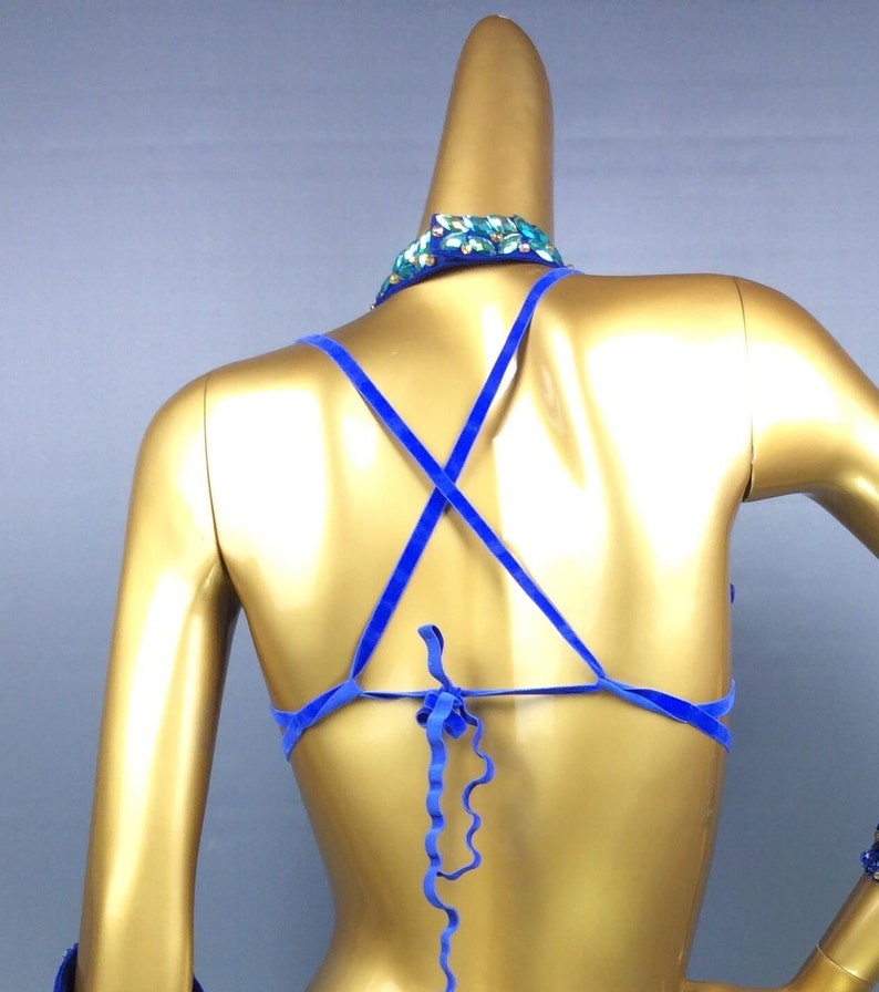 Belly Dance Bra Top and Necklace Set, Women's Royal Blue Sequin & Bead Embellished Fringe Costume, Oriental Dance Performance Wear