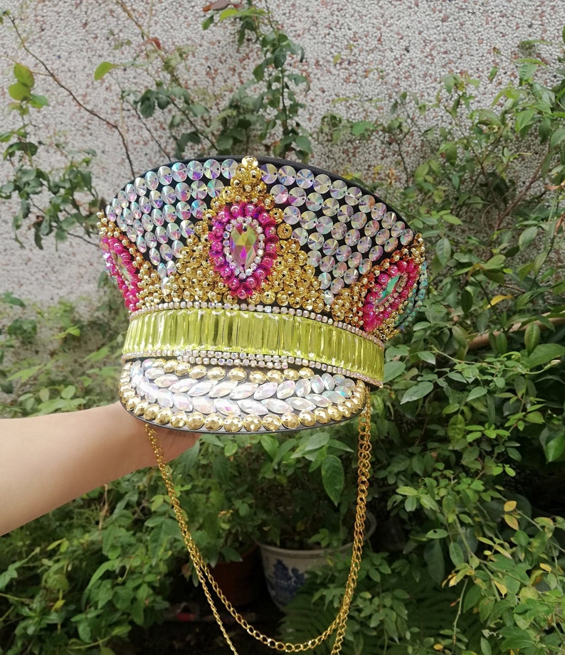 Unisex Iridescent Rhinestone Gold Pink Green Embellished Chain Detail Visor Hat, Rave Festival Dance Cap