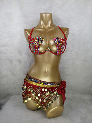 Belly Dance Costume Women's Blue Embellished Coin Hip Scarf and Bra Set