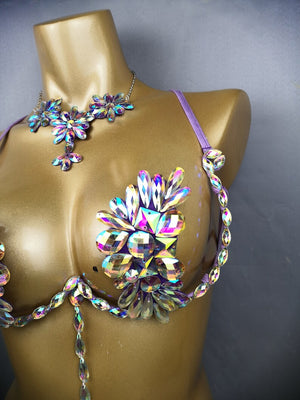 Crystal Flower Bra & Necklace Set - Women's Iridescent Embellished Belly Dance Costume