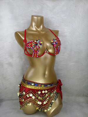 Belly Dance Costume Women's Blue Embellished Coin Hip Scarf and Bra Set