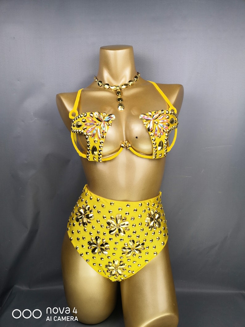 Women's Yellow Rhinestone Embellished High-Waist Bra and Shorts Set for Latin Dance
