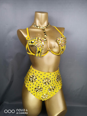 Women's Yellow Rhinestone Embellished High-Waist Bra and Shorts Set for Latin Dance