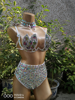 Women's Iridescent Crystal Embellished White Bra & High-Waisted Briefs Set, Latin Dancewear