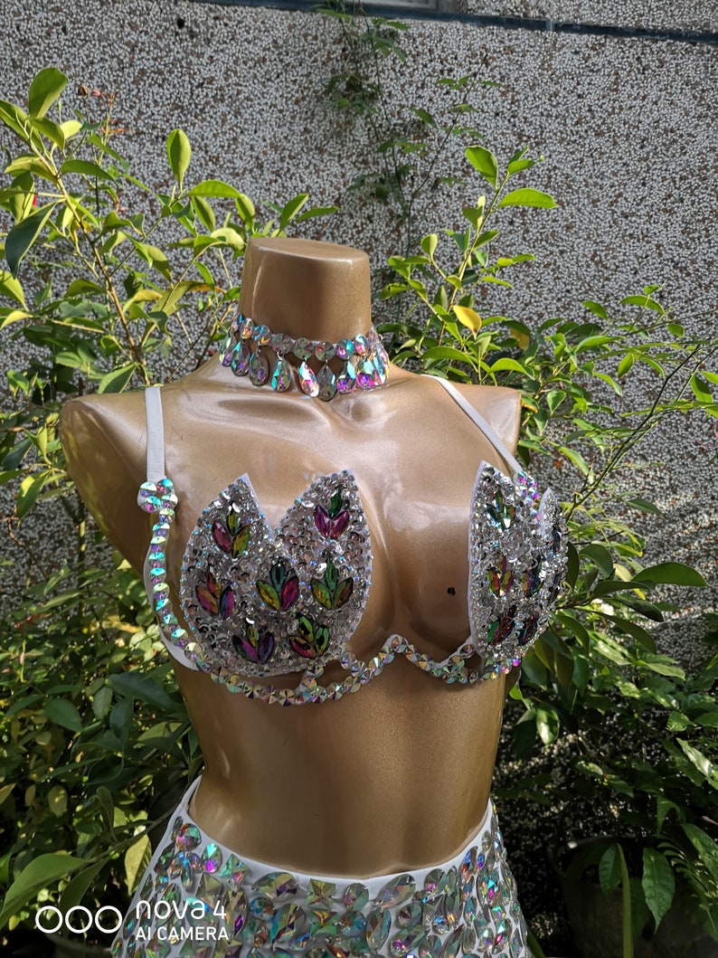 Women's Iridescent Crystal Embellished White Bra & High-Waisted Briefs Set, Latin Dancewear
