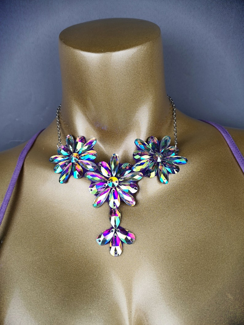 Crystal Flower Bra & Necklace Set - Women's Iridescent Embellished Belly Dance Costume