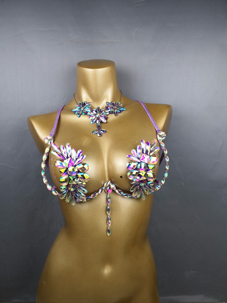 Crystal Flower Bra & Necklace Set - Women's Iridescent Embellished Belly Dance Costume