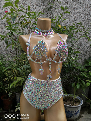 Women's White Iridescent Rhinestone Sequin Choker Bra and High-Waisted Bottom Set, Crystal Embellished, Burlesque Rave Dancewear