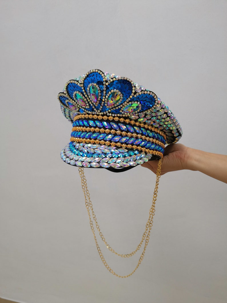 Women's Blue Sequin & Iridescent Gem Embellished Captain Hat with Gold Chains, Festival Dance