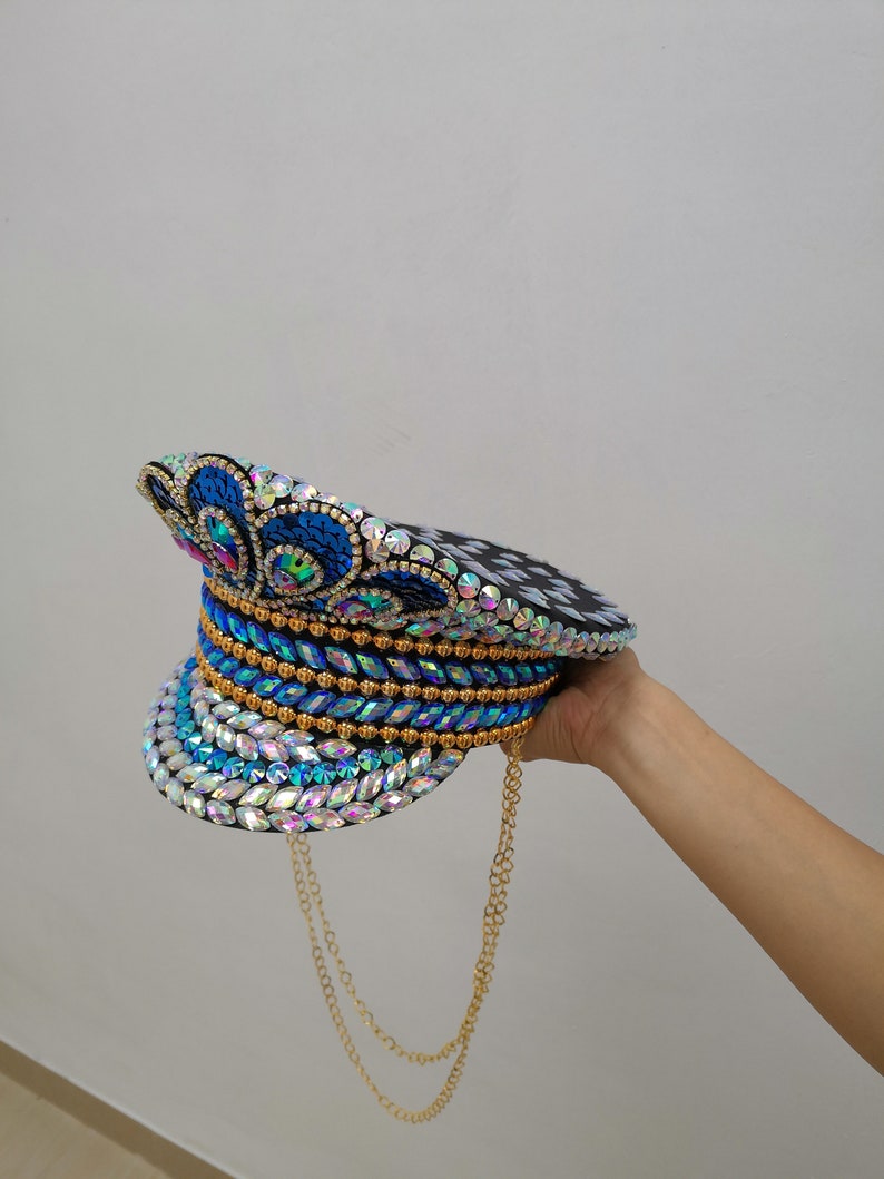 Women's Blue Sequin & Iridescent Gem Embellished Captain Hat with Gold Chains, Festival Dance