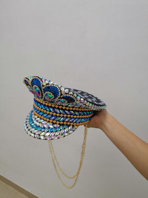 Women's Blue Sequin & Iridescent Gem Embellished Captain Hat with Gold Chains, Festival Dance