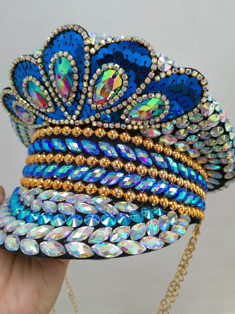 Women's Blue Sequin & Iridescent Gem Embellished Captain Hat with Gold Chains, Festival Dance