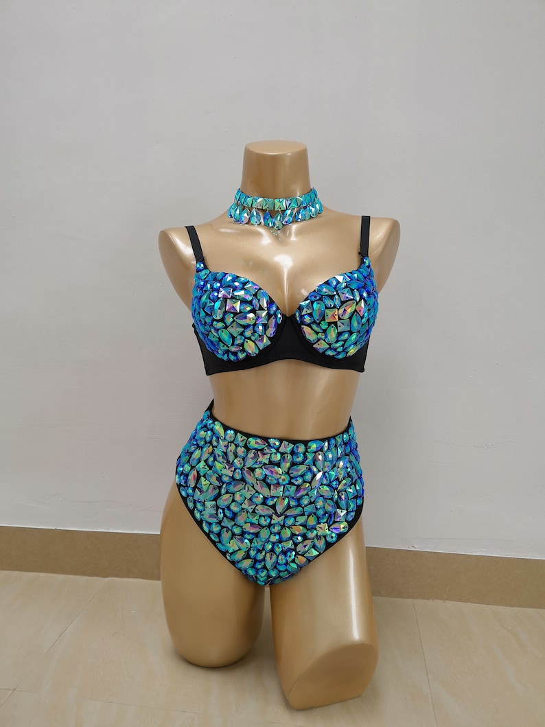 Dance Bra & High-Waisted Briefs Set Women's Blue & Teal Iridescent Rhinestone Embellished, Choker Included, Belly Dance/Carnival/Rave