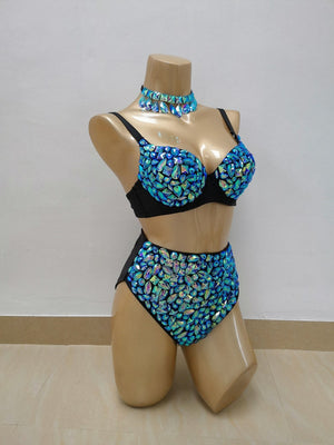 Dance Bra & High-Waisted Briefs Set Women's Blue & Teal Iridescent Rhinestone Embellished, Choker Included, Belly Dance/Carnival/Rave