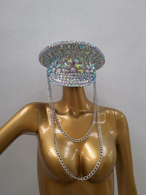 Dancing Hat Adult Iridescent Rhinestone Chain Military Cap Rave Festival