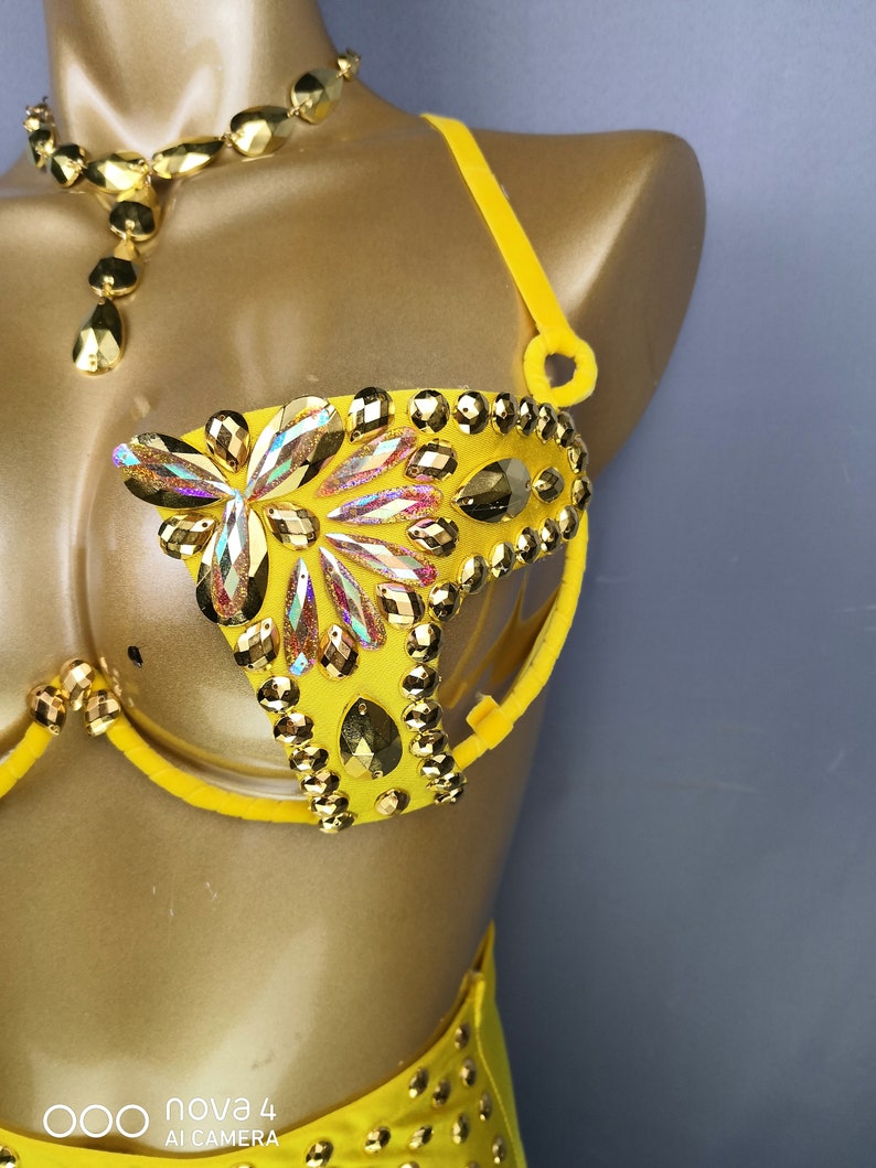 Women's Yellow Rhinestone Embellished High-Waist Bra and Shorts Set for Latin Dance