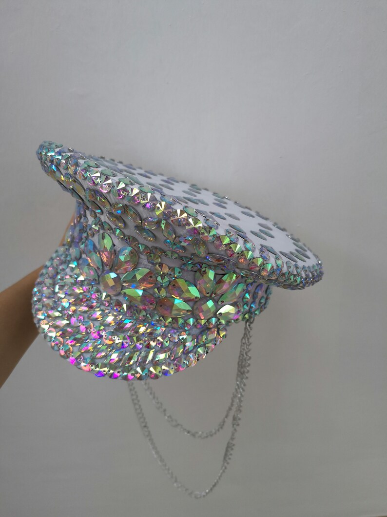 Dancing Hat Adult Iridescent Rhinestone Chain Military Cap Rave Festival