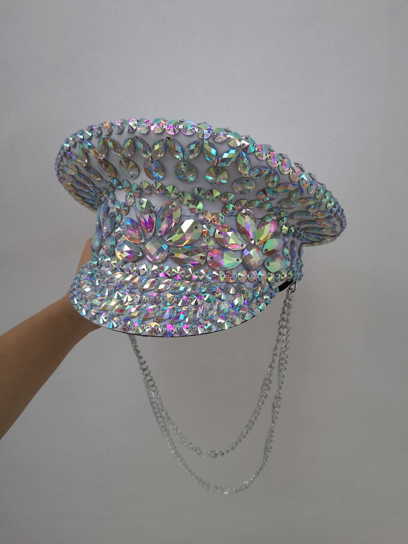 Dancing Hat Adult Iridescent Rhinestone Chain Military Cap Rave Festival