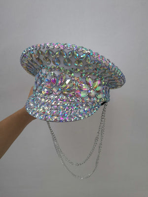 Dancing Hat Adult Iridescent Rhinestone Chain Military Cap Rave Festival