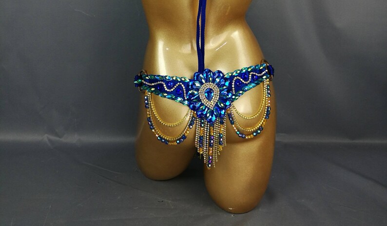 Belly Dance Hip Scarf, Women's Blue & Gold Beaded Crystal Rhinestone Tassel Belt, Tribal Fusion Dance Costume Accessory