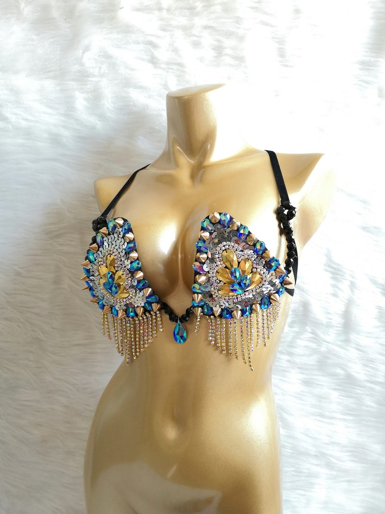 Women's Blue Sequin and Rhinestone Bra Top and High-Waisted Bottoms Set with Fringe Details for Rave Dance