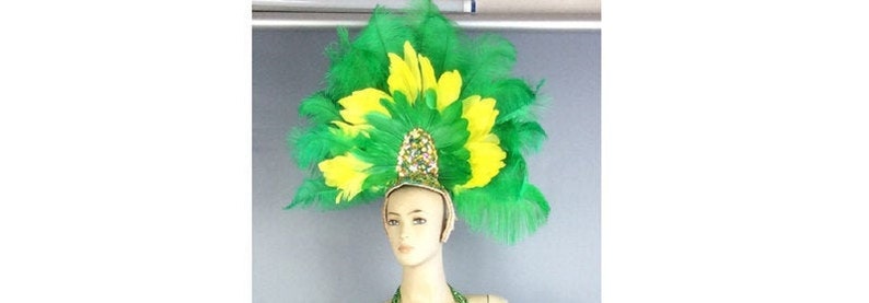 Feather Headdress, Adult, Green/Yellow, Sequin Embellished, Carnival Dance