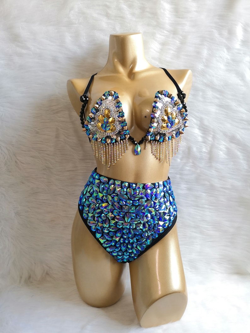 Women's Blue Sequin and Rhinestone Bra Top and High-Waisted Bottoms Set with Fringe Details for Rave Dance